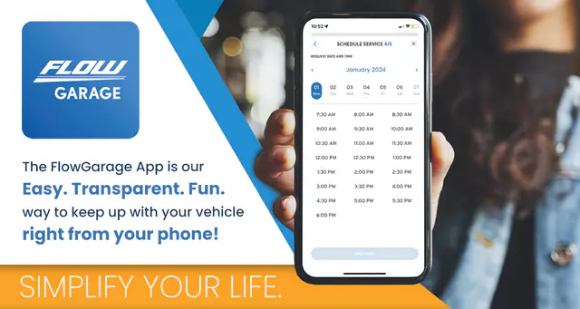 FlowGarage mobile app showing vehicle service history and rewards